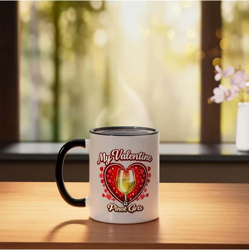 Vista 3 de Pinot Gris Wine Glass Valentine Hearts Love Funny Gift Ceramic Mug, Black/White, 11oz