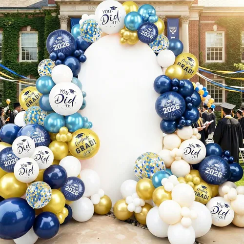 Vista 5 de Globos de graduación azules y dorados, 60 globos impresos con texto en inglés "Felicitaciones", 12 pulgadas, azul marino, blanco, azul, metálico