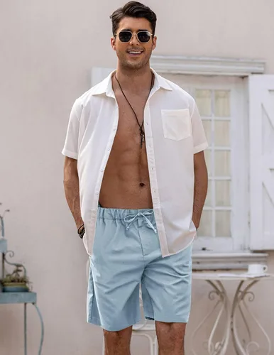 Vista 2 de COOFANDY Pantalones cortos de lino para hombre, cintura elástica, con cordón, pantalones cortos de verano, playa, vacaciones A-Azul Claro