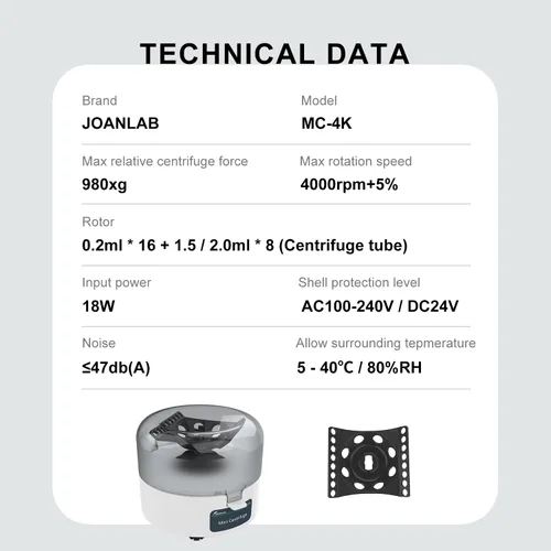 Vista 3 de Mini Centrífuga 4000RPM 0.2ml/1.5ml/2ml con Rotor 2-en-1 Equipo de Laboratorio Portátil Microcentrífuga