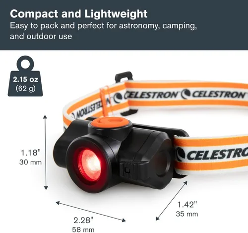 Vista 7 de Celestron – Linterna de visión nocturna para la cabeza – Múltiples modos de luz – Incluye configuración SOS – Ideal para astronomía y campamento