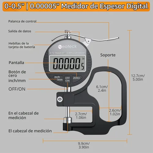 Vista 6 de Neoteck Medidor de Grosor Digital 0.5 pulgadas/12.7mm, 0.00005 pulgadas/0.001mm Pantalla LCD con Conversión Pulgadas/MM Herramienta de Medición