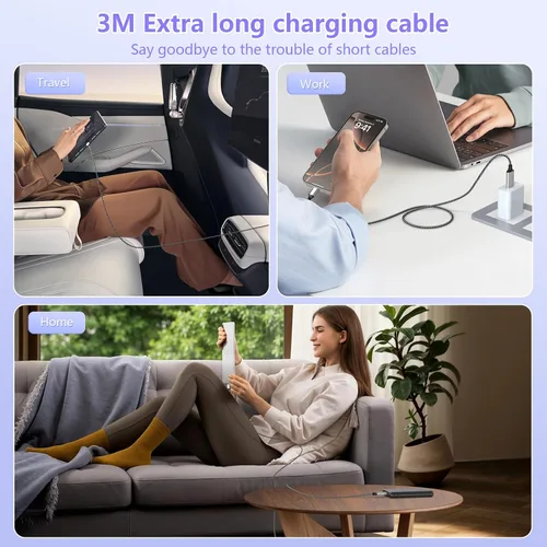Vista 7 de Cable de carga largo USB-C 3 en 1 para iPhone 15/16, 3M/10 pies, 60 W, USB-C+USB-A a tipo C, cable de carga de datos trenzado de nailon para Apple