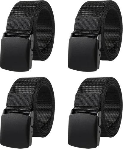 Vista 8 de Cinturón de tela duradera para hombres, paquete de 4 cinturones militares de lona negra con hebilla segura, cinturón de senderismo ajustable, tela