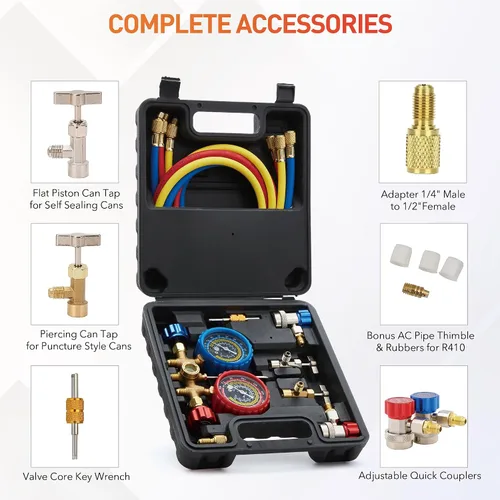 Vista 6 de WISSCOOL Juego de medidor de CA Calibradores de climatización para R134 R22 R12 R502, con mangueras de 5 pies acopladores adaptadores herramientas