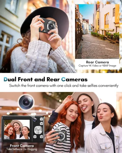 Vista 4 de Cámara digital 4K, cámaras de enfoque automático de 48 MP para fotografía, cámara compacta de vlogging con cámara frontal y trasera, cámaras de Negro