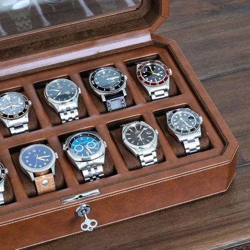 Vista 4 de ROTHWELL Caja de reloj de cuero con 12 ranuras, organizador de lujo para relojes, forro de microgamuza, soporte para relojes de joyería para hombre