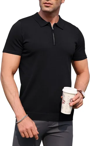 Vista 2 de RQP Camisas polo con cremallera para hombre, camisas casuales de punto de manga corta/larga, camisas de golf elásticas ajustadas, suéter suave