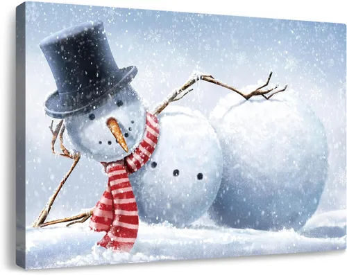 Vista 8 de gaosoul Lienzo de muñeco de nieve navideño para pared, lindo muñeco de nieve en pintura de paisaje nevado, póster navideño para sala de estar
