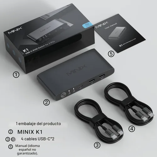 Vista 9 de MINIX KVM KVM USB C K1 1 Monitores 2 Computadoras, 4K @120Hz HDR, 100W PD 3.0, Conmutadores KVM de entrada dual USB-C, teclado y mouse compartidos