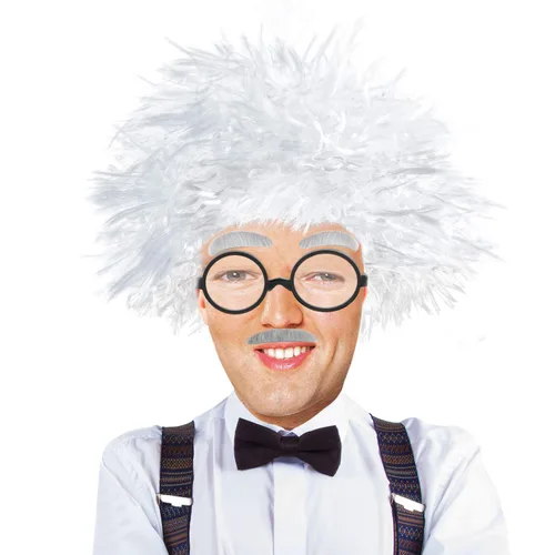 Vista 3 de Beelittle Conjunto de peluca de científico loco de anciano Albert Einstien Ben Benjamin Franklin disfraz de abuelo peluca, cejas, bigote, lentes (C)