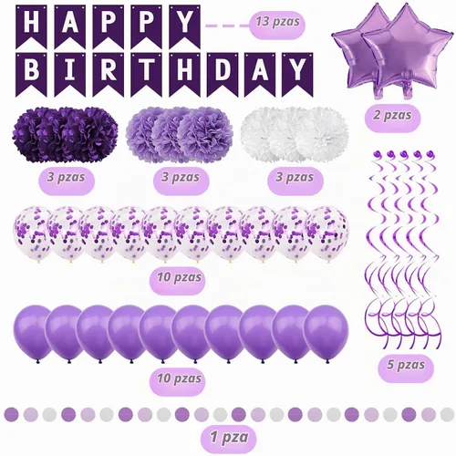 Vista 2 de Decoraciones de fiesta moradas con pancarta, suministros de compromiso, aniversario y cumpleaños para mujeres y niñas Morado