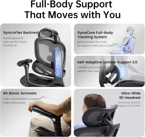 Vista 5 de SIHOO Silla ergonómica de escritorio de oficina, soporte adaptativo de Negro