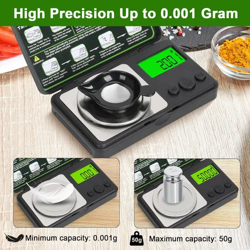 Vista 2 de Báscula digital de miligramo de 0.00 oz/1.76 oz, microbáscula portátil con pantalla, báscula de laboratorio de alta precisión para polvo
