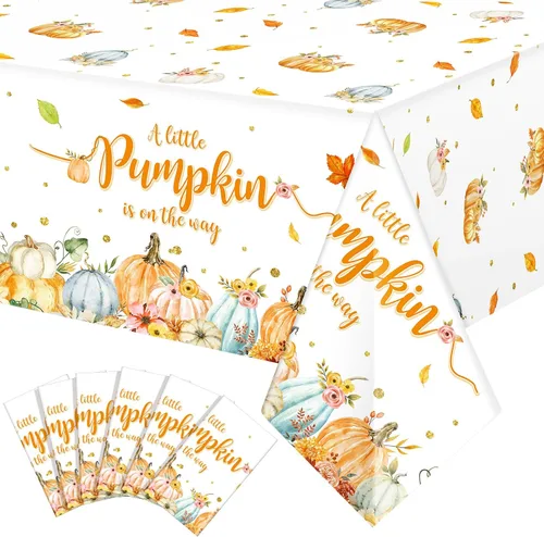 Vista 9 de WovWeave Paquete de 3 manteles de calabaza pequeña para decoración de fiesta de baby shower de otoño para niños y niñas, fundas de mesa para Acción