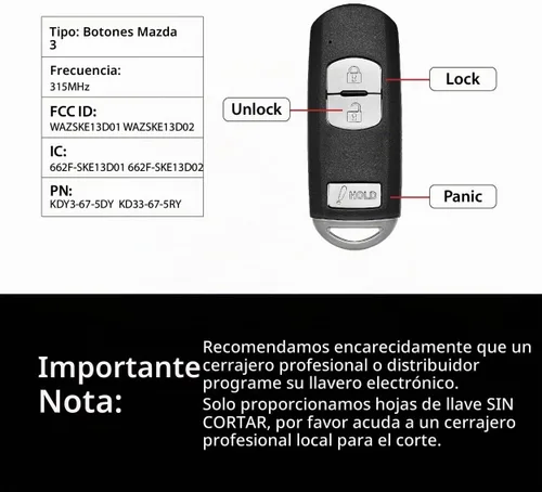 Vista 3 de Repuesto para Mazda 3 CX3 CX5 Speed3 Control remoto WAZSKE13D01 3 2012 2013 2014 2015 2016 2017 2018 3 botones 315MHz