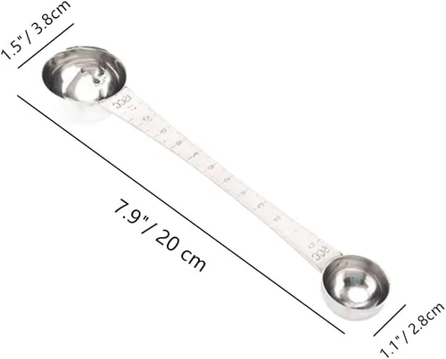 Vista 2 de Cucharas medidoras de café de acero inoxidable con mango largo, 1 cucharada y 1 cucharadita de cuchara de doble cabeza con marca para café en polvo