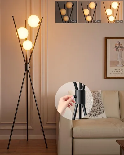 Vista 10 de Lámpara de pie moderna de cristal de 3 luces, lámpara alta de pie dorada con pantalla de vidrio de piña roja profunda, lámpara de pie LED regulable