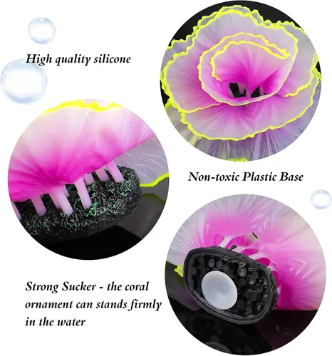 Vista 4 de Decoraciones brillantes para pecera, decoración de acuario brillante, adornos de coral, 2 plantas de flores de silicona y 10 piezas de conchas