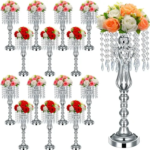 Vista 8 de Didaey - 16 centros de mesa de boda con lámpara de araña, color dorado, 21.3 pulgadas Gold Silver Vase, Tall Flower Stand with Crystal Drops for