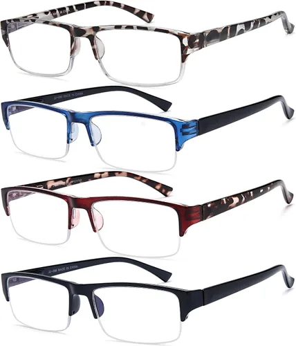 Vista 2 de EYEURL Paquete de 4 lentes de lectura con luz azul de medio marco para hombres, lectores rectangulares sin montura para mujeres, lentes de bisagra