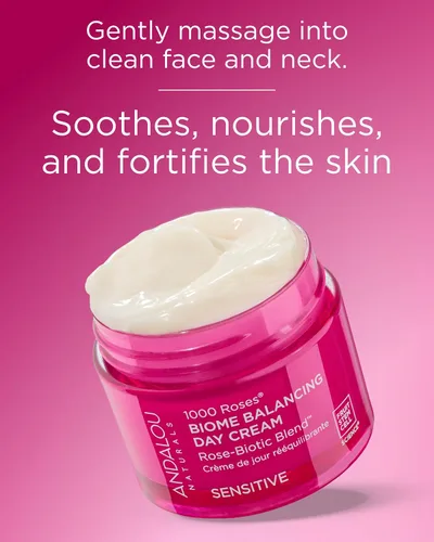Vista 4 de Andalou Naturals 1000 Roses Skin Biome Crema de día equilibrante – Hidratante facial ligero con células madre de rosas alpinas, postbióticos