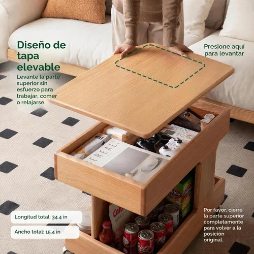 Vista 7 de Mesa de centro pequeña con ruedas, mesa de madera maciza con almacenamiento