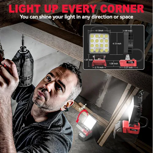 Vista 3 de MtiolHig Luz de trabajo LED inalámbrica compatible con batería Milwaukee de 18 V - Luz de construcción de inundación portátil de emergencia