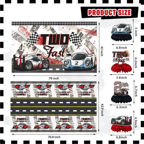 Vista 4 de KOTLMIGHT Decoraciones de Cumpleaños Two Fast para Niños, Suministros de Decoración de Fiesta Temática de Autos de Carrera para 2do Cumpleaños