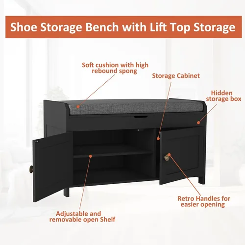 Vista 7 de HOMEFORT Banco para Zapatos de 30" con Almacenamiento de Tapa Elevable, Banco de Entrada con Asiento Acolchado, Banco de Madera para Pie de Cama