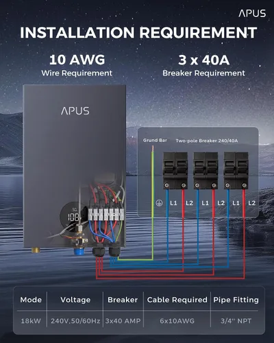 Vista 4 de Calentador de agua eléctrico sin tanque de 18kW, APUS 240V, calentador de agua caliente al instante bajo demanda, hasta 4.4 GPM con pantalla LED