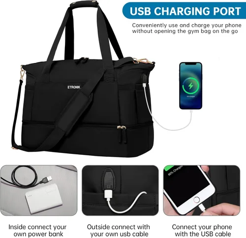 Vista 5 de ETRONIK Bolsa de viaje para mujer, bolsa de gimnasio con puerto de carga USB, bolsa de fin de semana con bolsillo para ropa húmeda y compartimento
