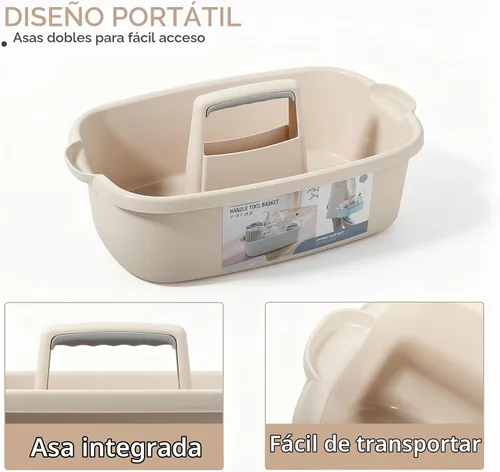 Vista 3 de Organizador de suministros de limpieza grande portátil con asa, cubo de plástico, almacenamiento de herramientas para baño, dormitorio, cocina Beige