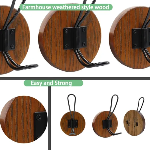 Vista 5 de Ganchos para toallas de baño, paquete de 2 ganchos de pared rústicos de granja para colgar batas, colgador de puerta autoadhesivo para colgar