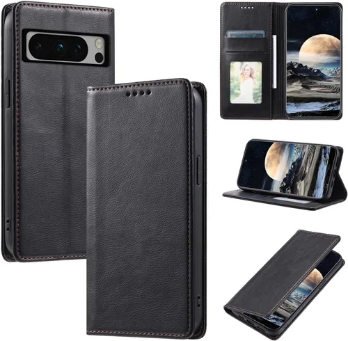 Vista 32 de Funda de cuero compatible con Google Pixel 7, compatible con Google Pixel 7 5G GVU6C GQML3 Flip Folio PU Funda de cuero negro