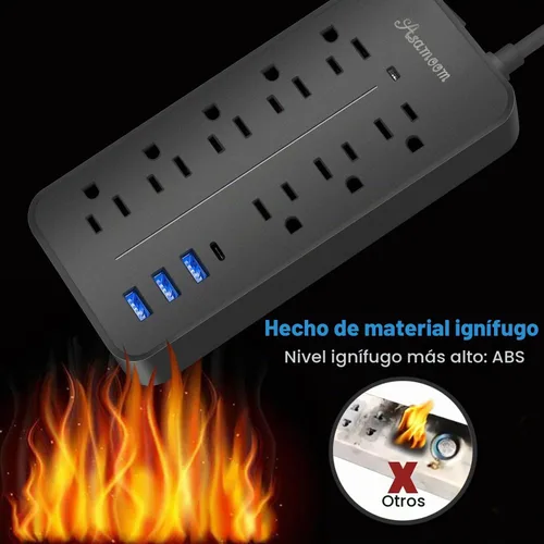 Vista 8 de Regleta de alimentación con protector de sobretensiones de 10 pies, Asamoom, tira de alimentación de enchufe plano con cable largo ETL listado, 8
