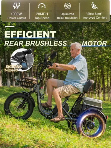 Vista 5 de Folding Electric Tricycle for Adults 2 Seater, 20MPH 100 Miles 4" Wide Fat Tire Electric Trike, 3 Wheel Electric Bike 1200W, 48V 20AH Battery