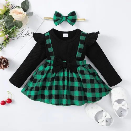 Vista 2 de OPAWO Vestido de niña recién nacida con volantes de encaje de manga largacorta, vestido de niña de flores, mameluco acanalado para otoño e invierno