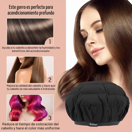 Vista 6 de Boloye - Gorro térmico de acondicionamiento profundo de linaza, sin cable, 100% seguro, para microondas, para cuidado del cabello natural y rizado