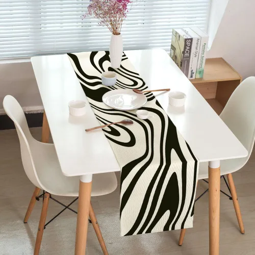 Vista 4 de Camino de mesa negro salvia, estético retro bohemio de los años 70, decoración abstracta de remolinos ondulados, decoración de mesa de comedor