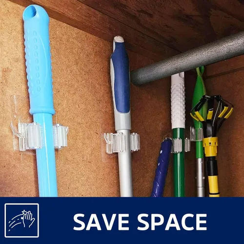 Vista 2 de Soporte de pared autoadhesivo para escobas, paquete de 4 ganchos para escobas, organizador antideslizante para colgar en la pared para baño, cocina