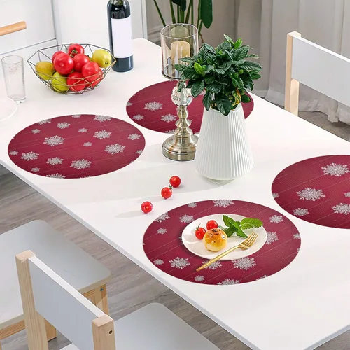 Vista 6 de White Snowflakes Red Christmas Round Placemat, Non Slip Dining Table Heat Protector Mats for Kitchen one sizex1