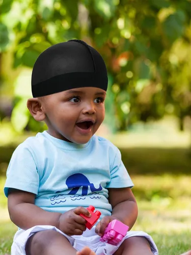 Vista 7 de Gorras de satén para niños, 6 unidades, unisex, para bebé, 360 ondas, con correa ancha, diseño de calavera