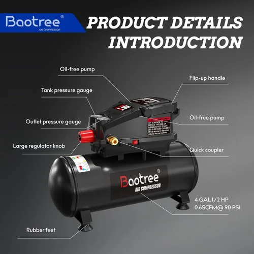 Vista 4 de Compresor de aire portátil, tanque de compresor de aire libre de aceite de 4 galones, motor de 0.5 HP, máximo 110 PSI, 0.6 SCFM a 90 PSI, compresor