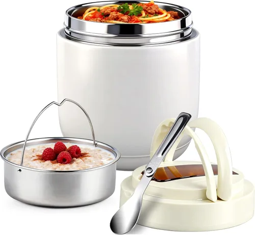 Vista 9 de Tarro de comida aislado de 40 onzas con 2 compartimentos, recipientes herméticos para comida caliente, boca ancha, acero inoxidable, incluye cuchara