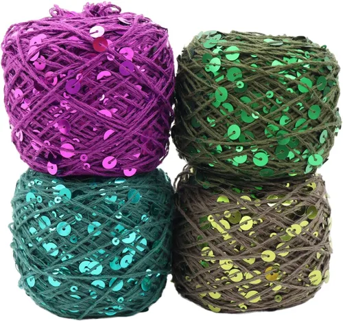 Vista 4 de Hilo de algodón de lentejuelas brillantes de 153 yardas, hilo brillante de ganchillo para diadema, gorro, tejer, suéter, tejido, puntada de Beige