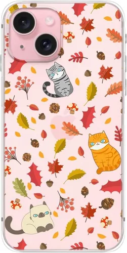Vista 3 de Blingy's Funda compatible con iPhone 15, divertido estilo gato con patrón de hojas de otoño, lindo diseño de animales de otoño, funda protectora