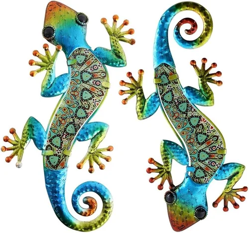 Vista 14 de HONGLAND Arte de pared de Gecko de metal, 2 unidades de lagarto de 15 pulgadas, decoración para exteriores, escultura de vidrio colgante, decoración
