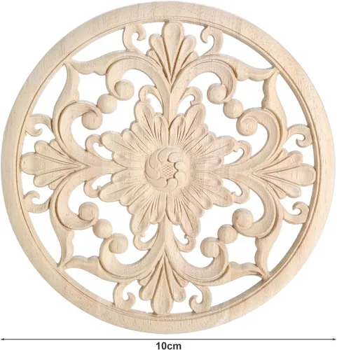 Vista 2 de MUXSAM Apliques decorativos de madera, 1 pieza redonda de madera, calcomanías talladas sin pintar, decoración central para el hogar, armario, camas