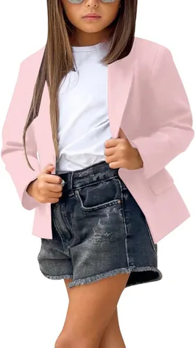 Vista 2 de Chaqueta de traje de solapa de color sólido para niñas, chaqueta larga con botones